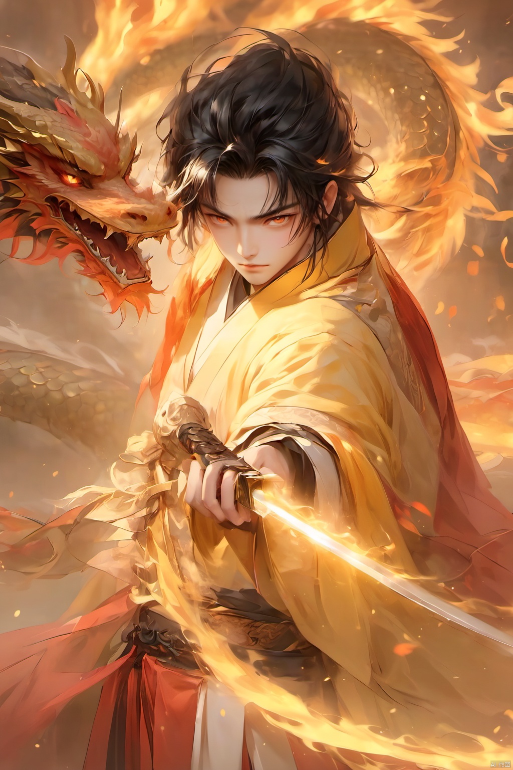 1boy, black hair,Chinese Dragon, fire, holding, holding sword, holding weapon,Chinese clothing,China Golden Dragon,Glowing Sword,Ancient Chinese Hanfu,Golden Magic, long hair, looking at viewer, male focus, red eyes, solo, standing, sword, weapon