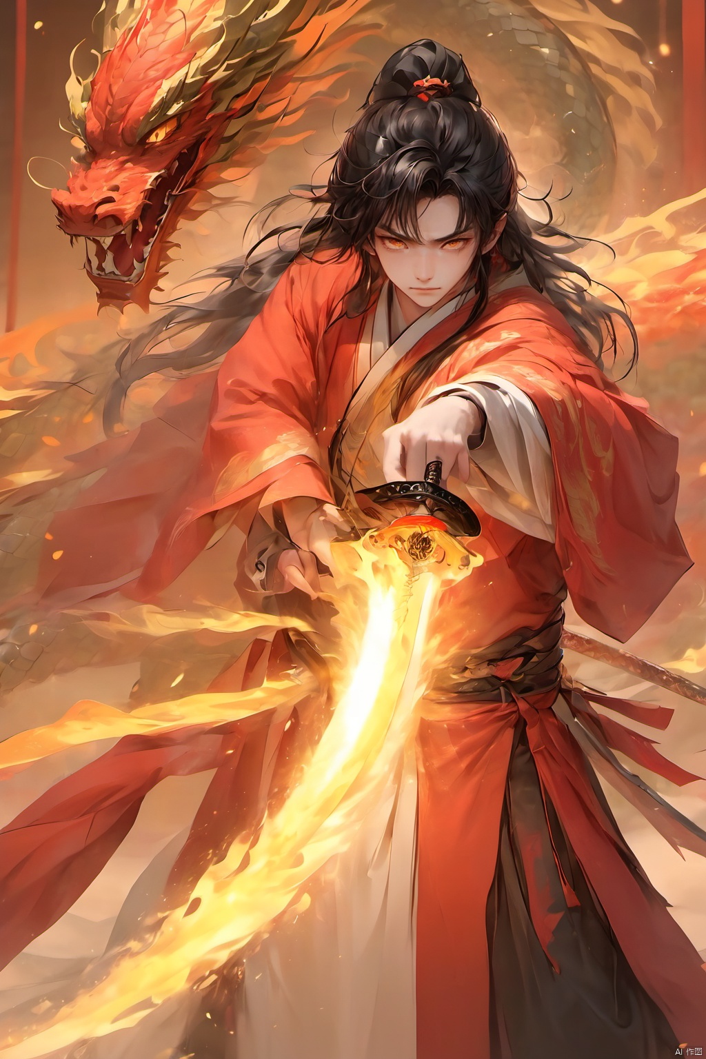 1boy, black hair,Chinese Dragon, fire, holding, holding sword, holding weapon,Chinese clothing,China Golden Dragon,Glowing Sword,Ancient Chinese Hanfu,Golden Magic, long hair, looking at viewer, male focus, red eyes, solo, standing, sword, weapon