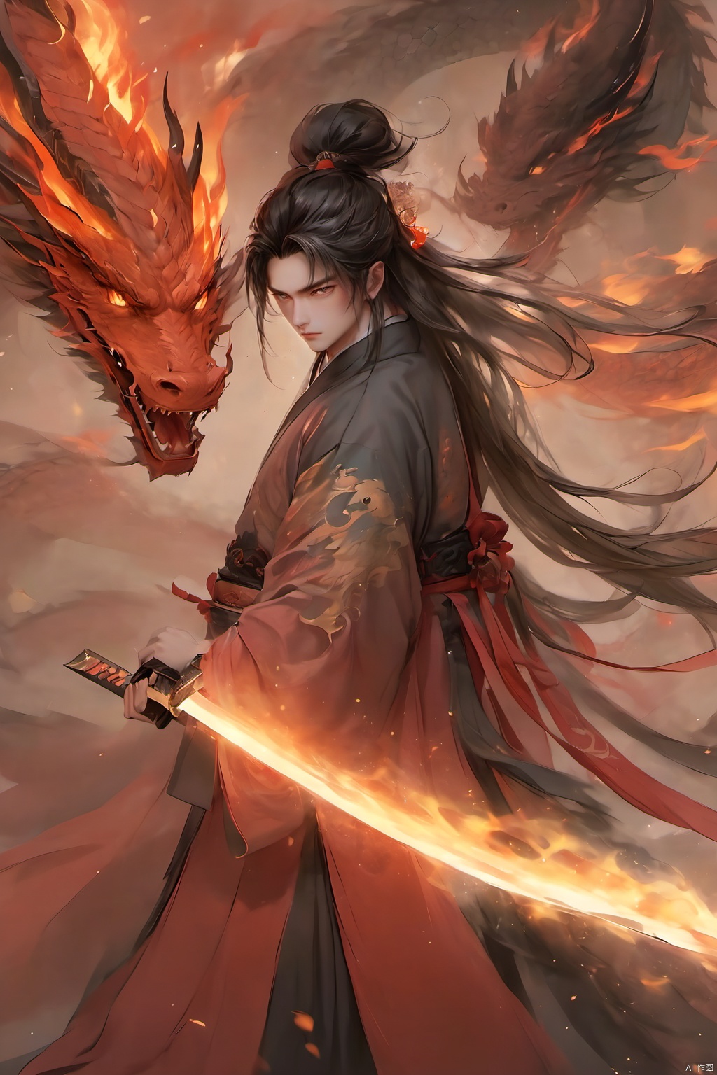 (masterpiece, best quality:1.2), smoke dragon,1 boy, black hair, Breathing fire, combustion, ember, whole body, Keep, Keep sword, Keep arms,dark magic,Ancient Chinese Hanfu, long hair, long sleeves, looking at the audience, male focus, Red theme, alone, Permanently installed, sword, very long hair, arms, hand