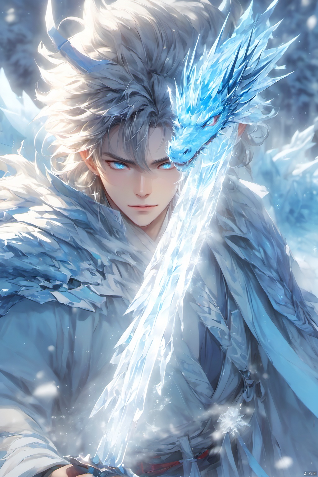 1boy, blue eyes, closed mouth, eyelashes, face, floating hair, glowing, holding,Ice Magic,Ice crystal,Icicles,ice,Chinese Ice Dragon, holding weapon,Chinese clothing, looking at viewer, male focus, solo, sword, weapon, white hair