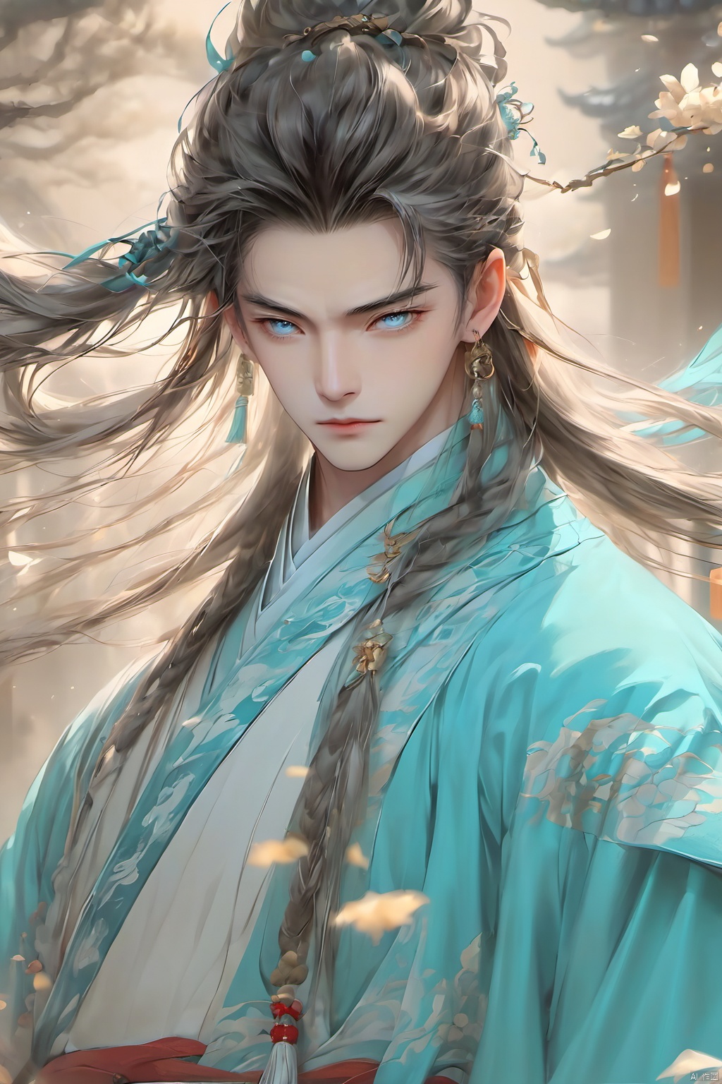 Wind Magic,Ancient Chinese men,1boy, blue eyes, braid, chinese clothes, closed mouth, facial mark, floating hair, forehead mark, hair ornament, jewelry, long hair, looking at viewer, male focus, petals, solo, tassel, upper body,Ancient Chinese Hanfu,wind