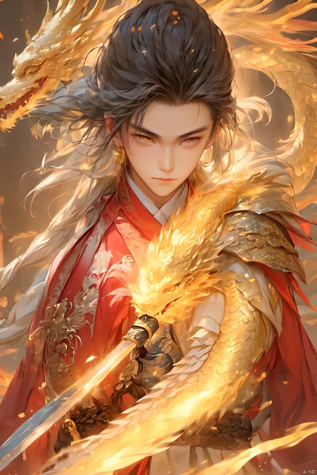 1boy, armor, braid,Chinese Dragon,Golden Magic,Chinese Silver Metal Dragon,China Golden Dragon,Ancient Chinese Hanfu, fire, jewelry, sword, weapon