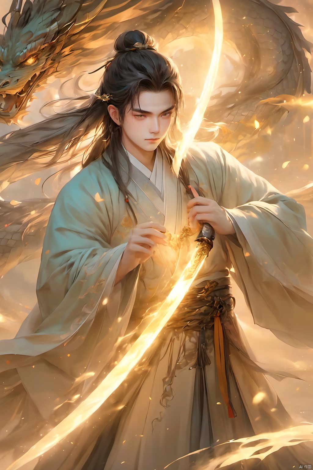 1boy, closed mouth, evening,Glowing Sword, jewelry, long hair,Ancient Chinese Hanfu,Photofluid,Light magic,Chinese Photon Dragon,dawn, long sleeves,Photoparticle, looking at viewer, magic, male focus, solo, twilight