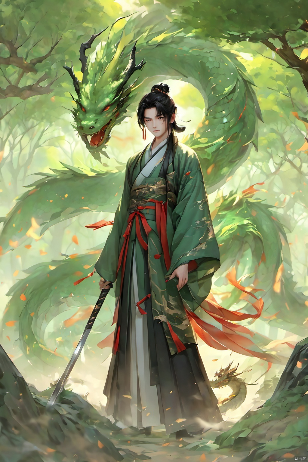 1boy, black hair, chinese clothes, day,Chinese Dragon, fantasy, forest, grass, holding,Ancient Chinese Hanfu,Wood magic,Dragon horn, holding weapon, leaf, long hair, nature, outdoors, polearm, solo, standing, tree, weapon