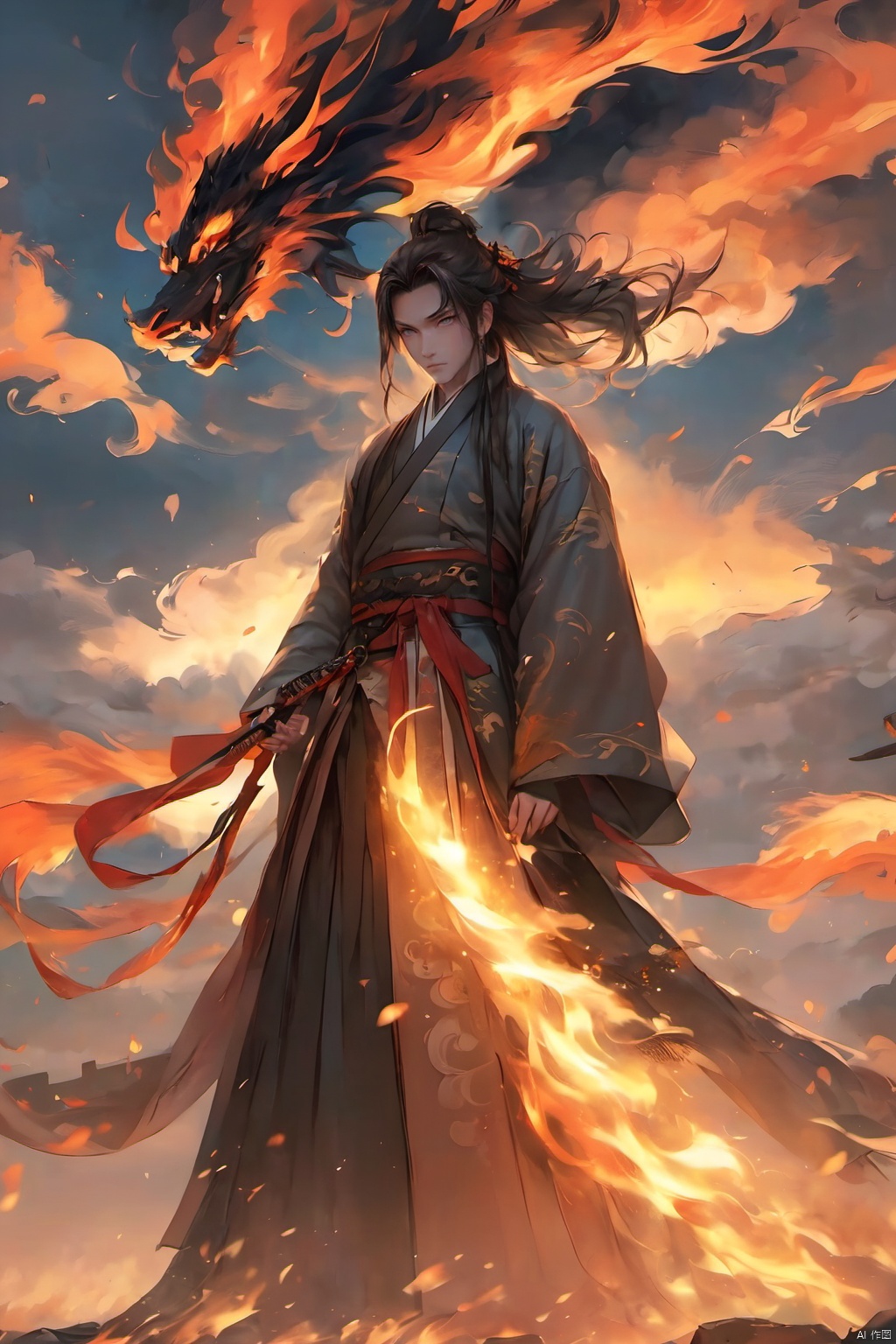 1boy,Monon , breathing fire, building, burning, cloud, dusk, embers, evening, gradient sky, holding, holding sword,Ancient Chinese Hanfu,Dark magic, holding weapon, long hair, looking at viewer, outdoors, pyrokinesis, sky, smoke, solo, standing, sword, twilight, very long hair, weapon
