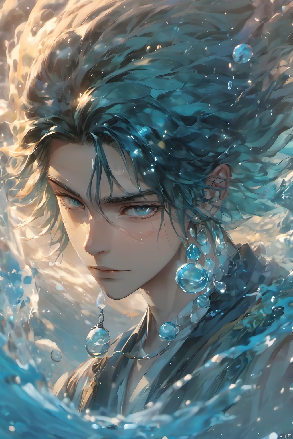 1boy, afloat, air bubble, aqua hair, blue hair, bubble, caustics, floating hair, jewelry, long hair, looking at viewer, male focus,fluid,Water magic ,Fluid hair,Flowing water, necklace, ocean, partially submerged, solo, splashing, submerged, underwater, water, water drop, waves, wet