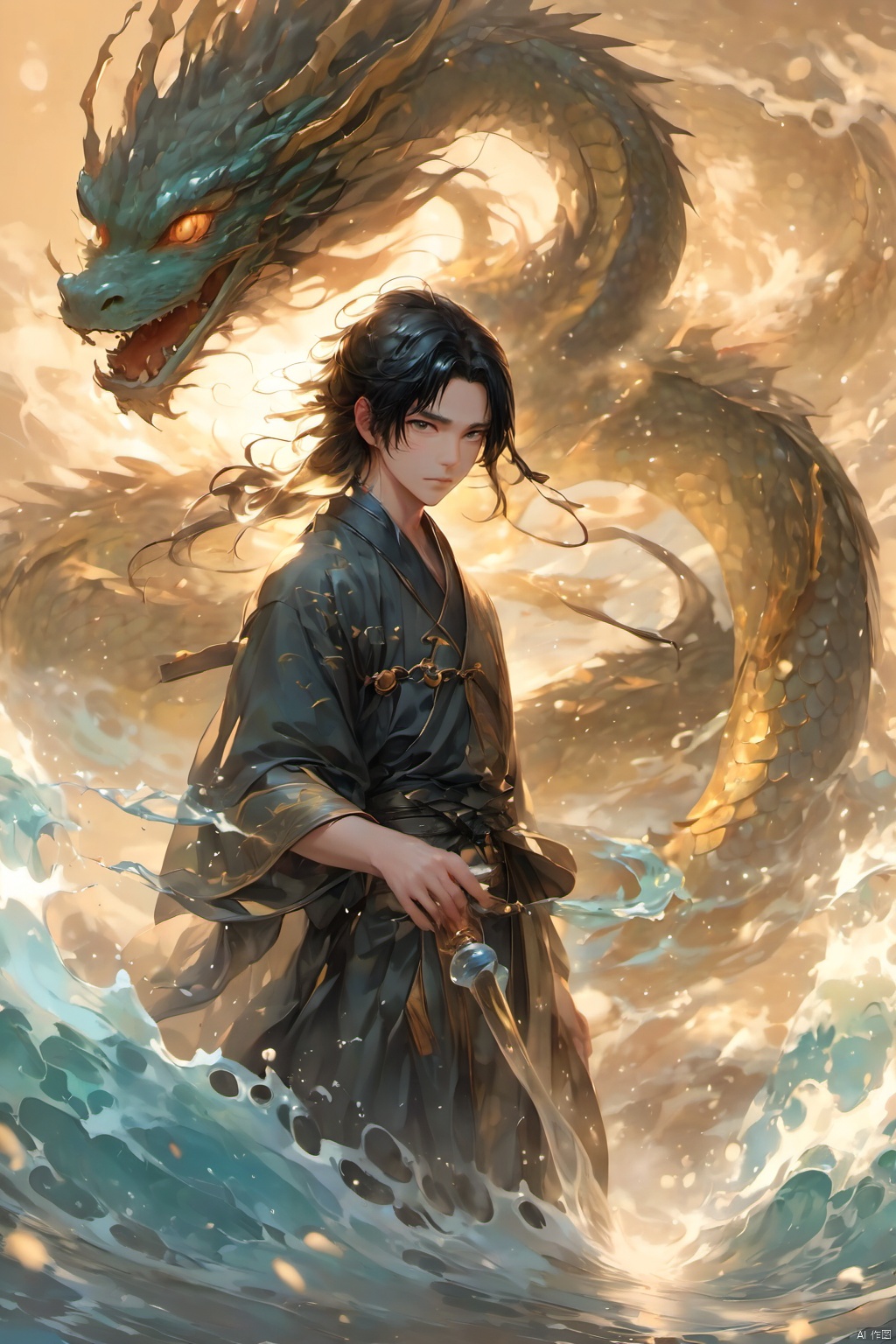 1boy, beach, black hair, bubble, caustics,Chinese Dragon, long hair, ocean,Chinese Water Dragon,Flowing water,Water magic ,fluid, ripples, splashing, standing on liquid, wading, walking on liquid, water, waves, weapon, wet