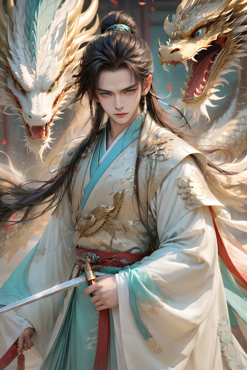 (masterpiece, best quality:1.2), Wind Magic,Ancient Chinese men,1boy, blue eyes, chinese clothes, closed mouth,Chinese Dragon, eagle, facial mark, feathered wings, feathers, forehead mark, holding, holding sword, holding weapon, jewelry, long hair, long sleeves, male focus, petals, standing, sword, weapon, white wings, wings,Ancient Chinese Hanfu,wind,Chinese Wind Dragon