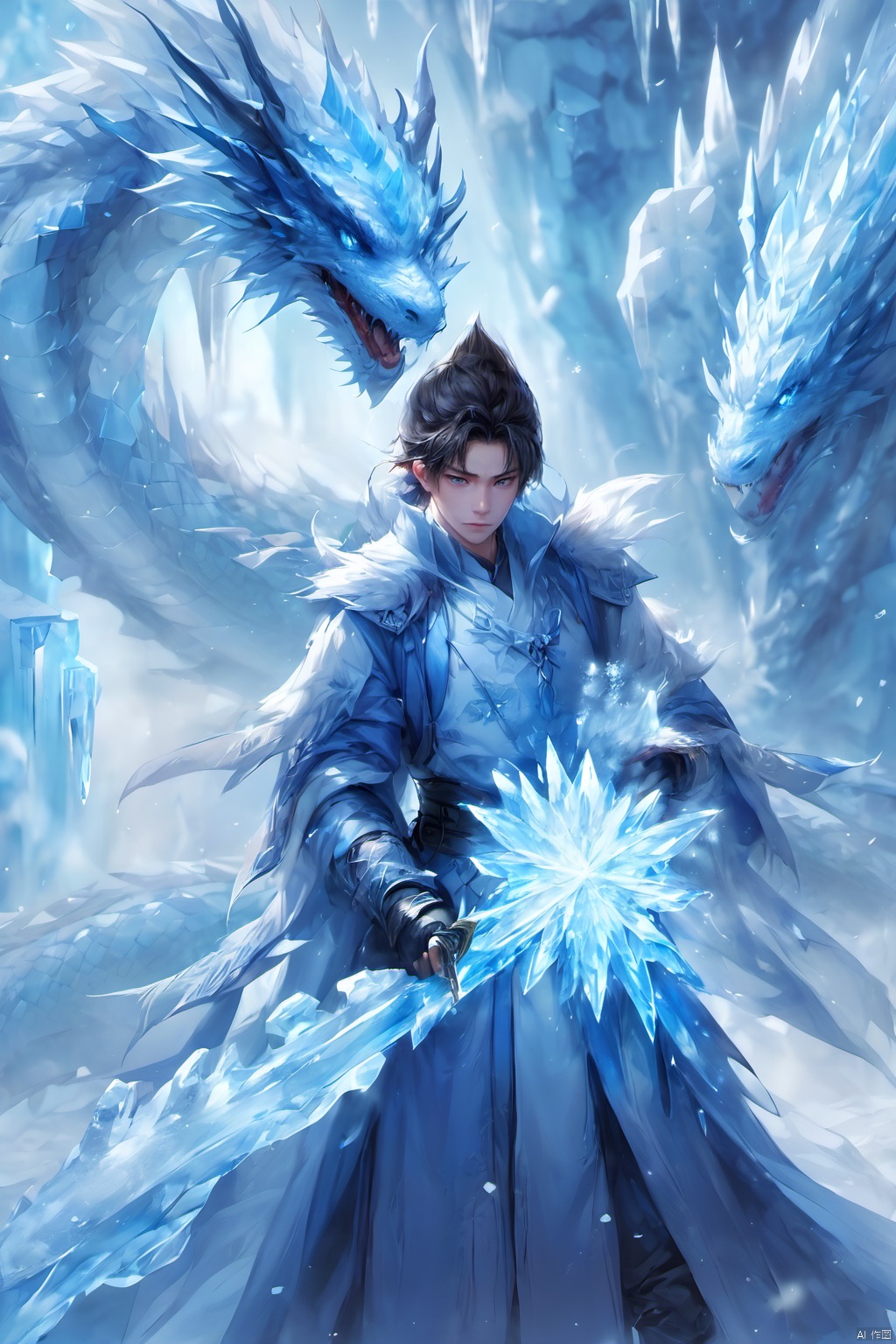 1boy, blue theme, caustics, cave, coat, holding, ice,Chinese clothing, male focus,Ice crystal,Icicles,ice,Ice Magic,Chinese Ice Dragon, solo, standing, sword, weapon