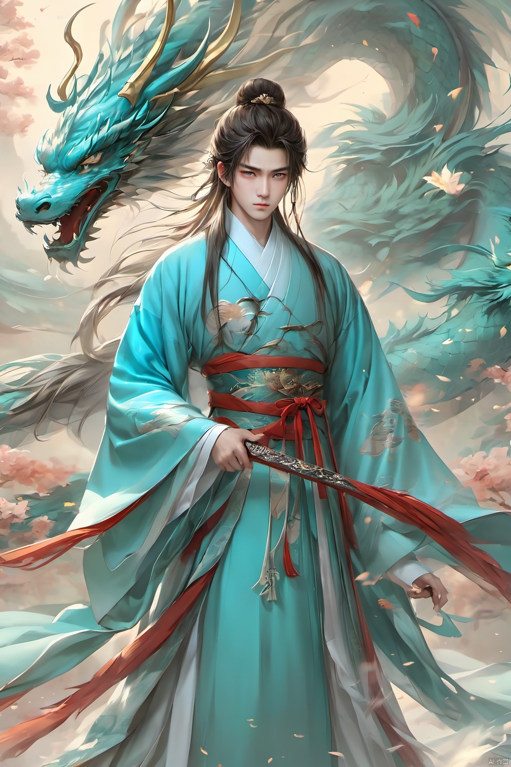 (masterpiece, best quality:1.2), Wind Magic,Ancient Chinese men,1boy, blue eyes, chinese clothes, closed mouth,Chinese Dragon, eagle, facial mark, feathered wings, feathers, forehead mark, holding, holding sword, holding weapon, jewelry, long hair, long sleeves, male focus, petals, standing, sword, weapon, white wings, wings,Ancient Chinese Hanfu,wind,Chinese Wind Dragon