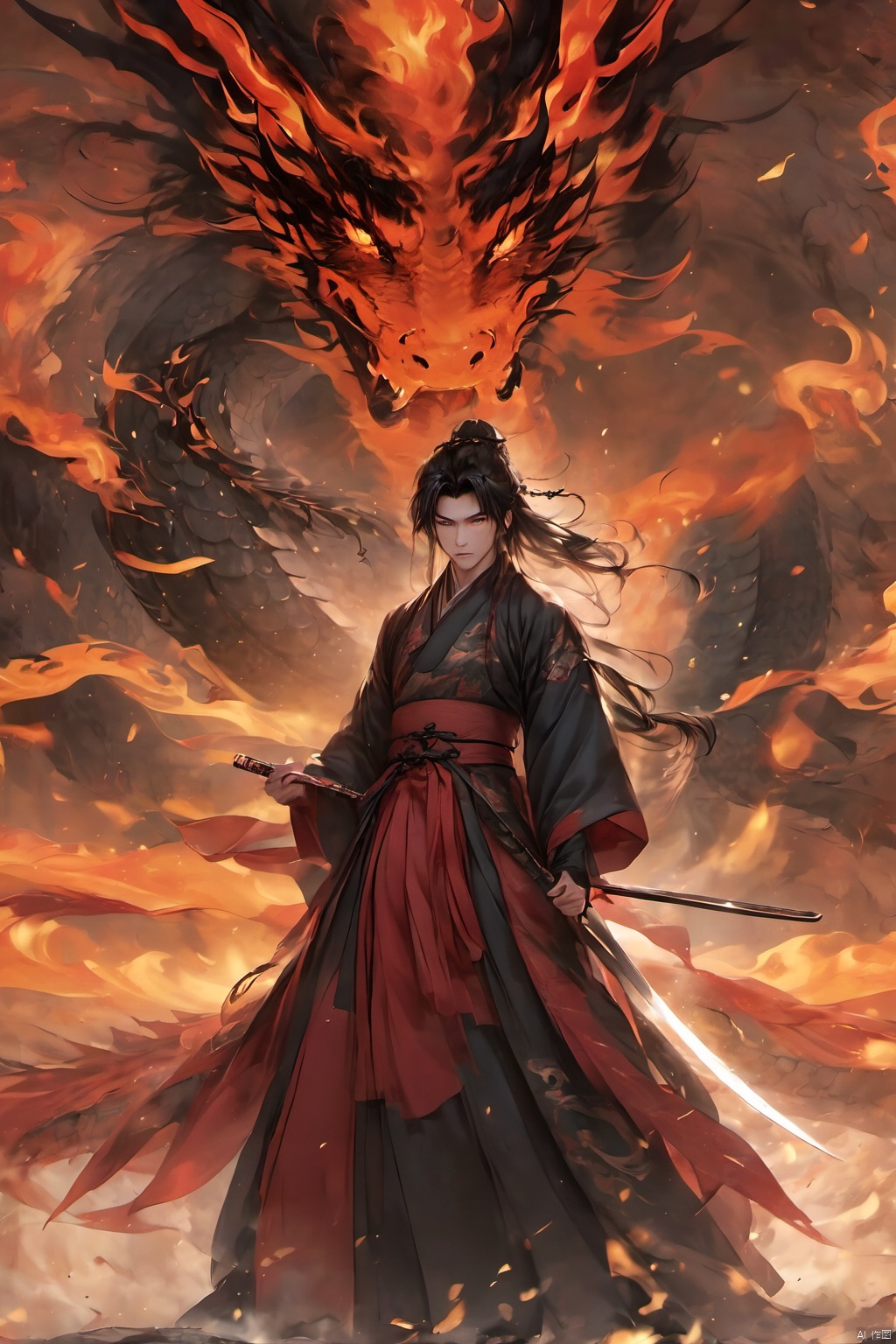 (masterpiece, best quality:1.2), smoke dragon,1 boy, black hair, Breathing fire, combustion, ember, whole body, Keep, Keep sword, Keep arms,dark magic,Ancient Chinese Hanfu, long hair, long sleeves, looking at the audience, male focus, Red theme, alone, Permanently installed, sword, very long hair, arms