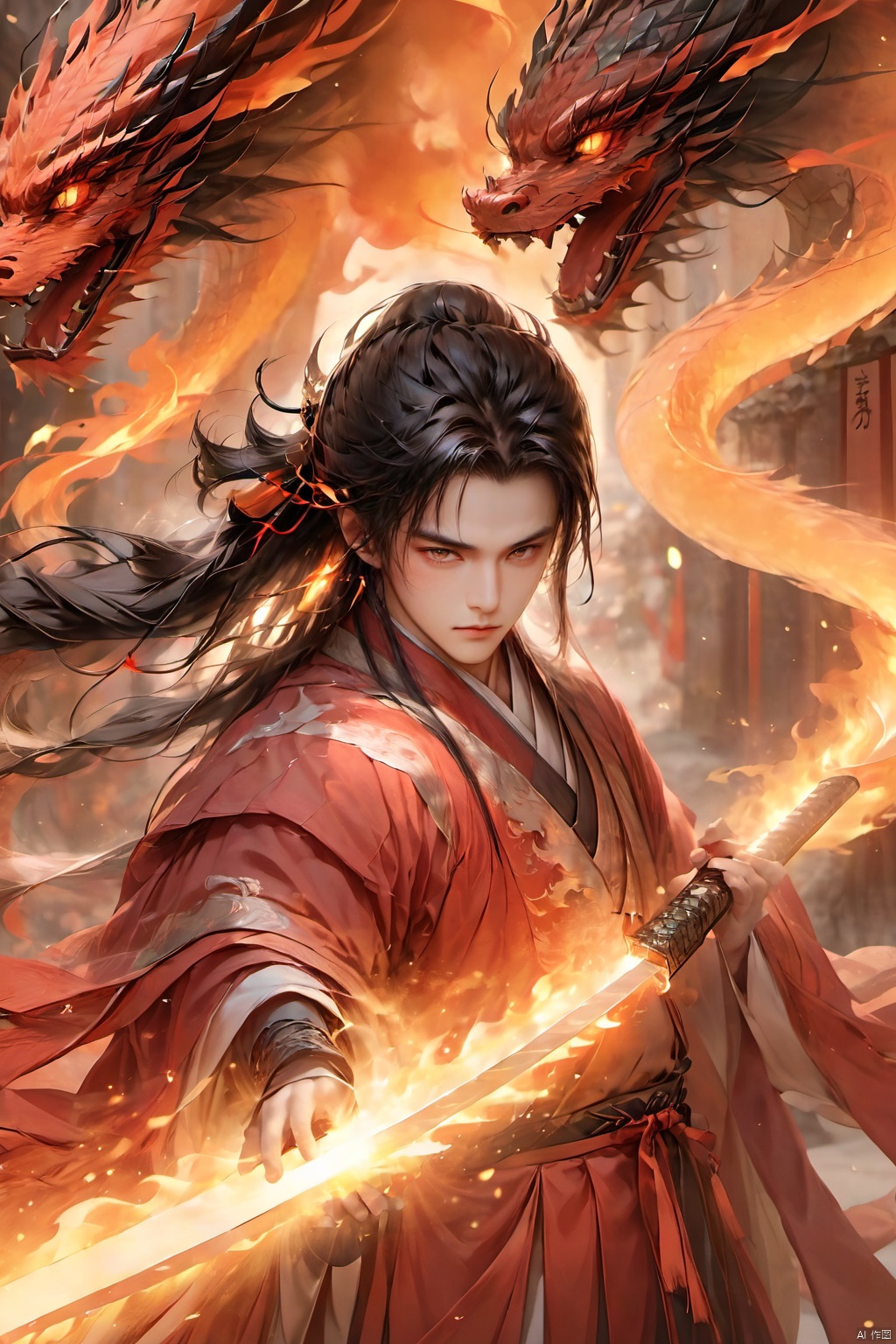 (masterpiece, best quality:1.2), smoke dragon,1 boy, black hair, Breathing fire, combustion, ember, whole body, Keep, Keep sword, Keep arms,dark magic,Ancient Chinese Hanfu, long hair, long sleeves, looking at the audience, male focus, Red theme, alone, Permanently installed, sword, very long hair, arms, hand, 1girl