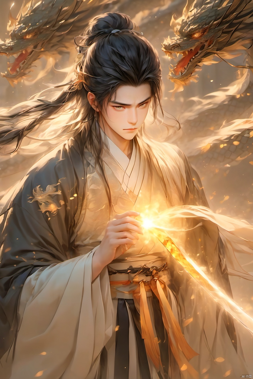 1boy, black hair, closed mouth, evening,Glowing Sword, jewelry, leaf,dawn,Chinese Photon Dragon,Light magic,Photofluid,Ancient Chinese Hanfu, long hair,Photoparticle, magic, male focus, solo, twilight, upper body