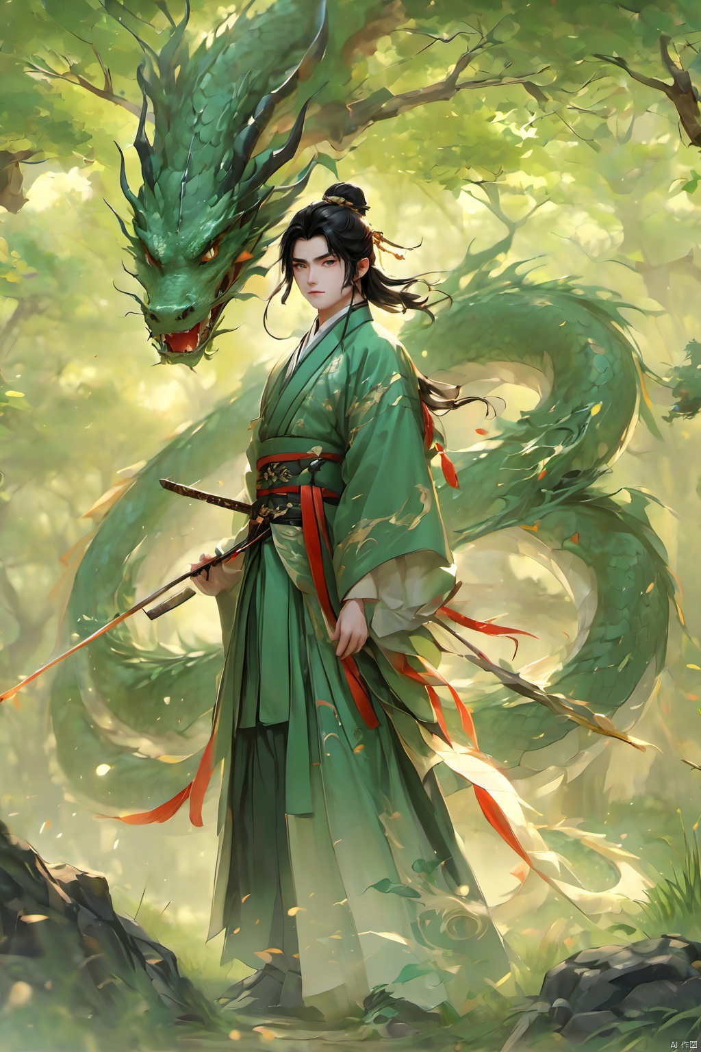 1boy, black hair, chinese clothes, day,Chinese Dragon, fantasy, forest, grass, holding,Ancient Chinese Hanfu,Wood magic,Dragon horn, holding weapon, leaf, long hair, nature, outdoors, polearm, solo, standing, tree, weapon