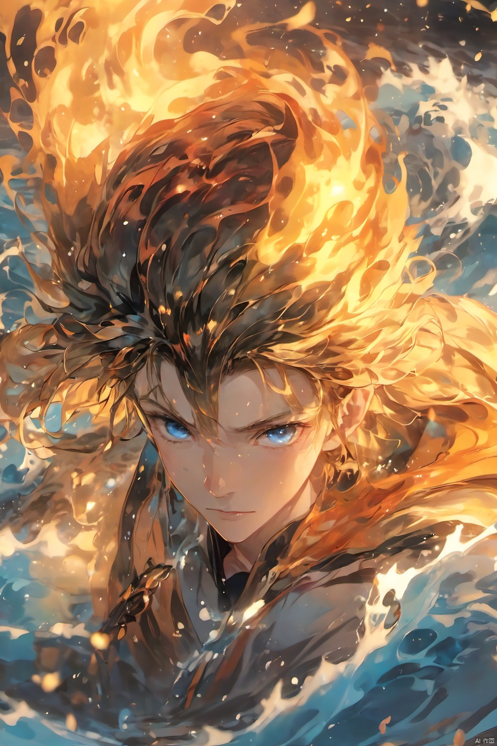 1boy, blue eyes, burning, closed mouth, evening, fire, flame, floating hair,fluid,Flowing water,Water magic ,Fluid flame, long hair, looking at viewer, ocean, partially submerged, ripples, solo, water, water drop, waves, wet