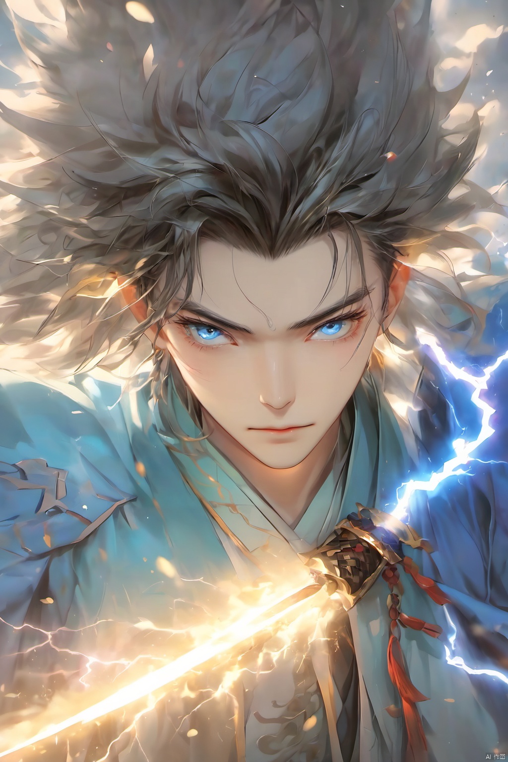 1boy,hanfu,Thunder Magic, blue eyes, blue hair, cloud, cloudy sky, electricity, facial mark, glowing, holding,lightning,Thunder and lightning surround,Lightning bifurcation,Fine lightning,fighting,Lightning fluid,electric,thunder, (holding sword:1.5), holding weapon, jewelry, lightning, long hair, male focus, sky, solo, sword, weapon