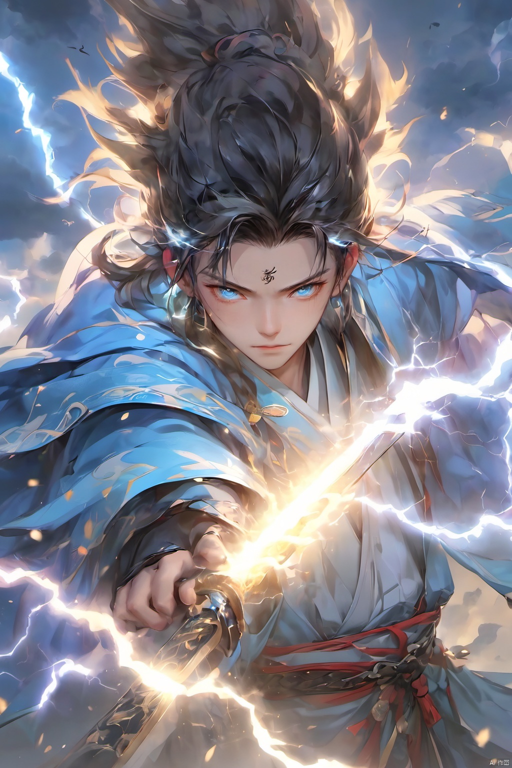 1boy,hanfu,Thunder Magic, blue eyes, blue hair, cloud, cloudy sky, electricity, facial mark, glowing, holding,lightning,Thunder and lightning surround,Lightning bifurcation,Fine lightning,fighting,Lightning fluid,electric,thunder, (holding sword:1.5), holding weapon, jewelry, lightning, long hair, male focus, sky, solo, sword, weapon