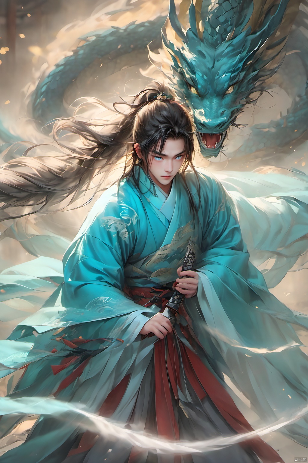 Wind Magic,Ancient Chinese men,1boy, blue eyes, blurry, chinese clothes, closed mouth, depth of field,Chinese Dragon, eastern dragon, holding, holding sword, japanese clothes, long hair, long sleeves, looking at viewer, male focus, solo, standing, sword, weapon, wide sleeves,Ancient Chinese Hanfu,Chinese Wind Dragon,wind