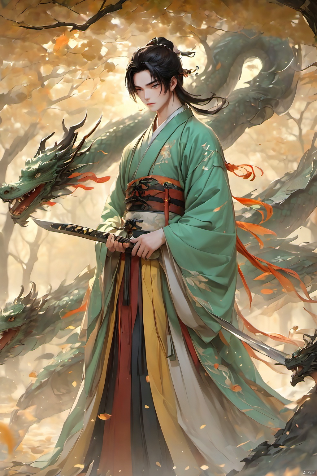 1boy, black hair, closed mouth, day, falling leaves, forest, grass, holding, leaf,Ancient Chinese Hanfu, long sleeves,Branch Dragon Horn,Wood magic,Dragon horn, male focus, nature, outdoors, petals, plant, solo, standing, sword, tassel, tree, weapon