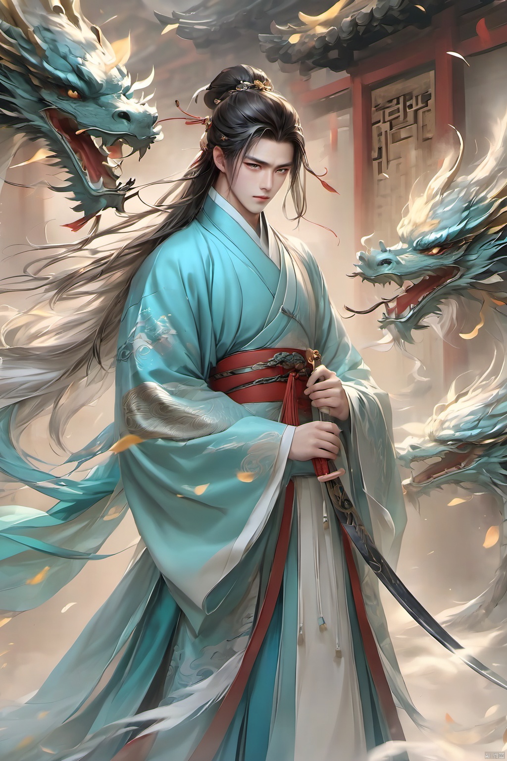 (masterpiece, best quality:1.2), Wind Magic,Ancient Chinese men,1boy, blue eyes, chinese clothes, closed mouth,Chinese Dragon, eagle, facial mark, feathered wings, feathers, forehead mark, holding, holding sword, holding weapon, jewelry, long hair, long sleeves, male focus, petals, standing, sword, weapon, white wings, wings,Ancient Chinese Hanfu,wind,Chinese Wind Dragon