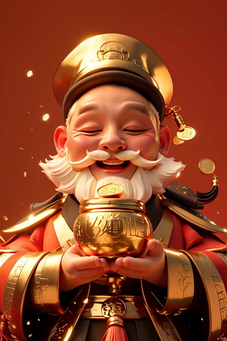  {{best quality}}, {{masterpiece}}, {{ultra-detailed}}, {illustration}, {detailed light}, {an extremely delicate and beautiful}, (\cai qi chong tian\),closed eyes, blush, facial hair, solo, red background, smile, mustache, male focus, 1boy, holding, hat, long sleeves, beard, tassel, gold, simple background, facing viewer, open mouth, coin