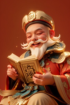  {{best quality}}, {{masterpiece}}, {{ultra-detailed}}, {illustration}, {detailed light}, {an extremely delicate and beautiful},(\cai qi chong tian\),1boy, male focus, solo, facial hair, red background, closed eyes, white hair, open mouth, beard, holding, mustache, smile, hat, book, long sleeves, wide sleeves, simple background