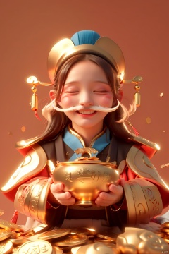  {{best quality}}, {{masterpiece}}, {{ultra-detailed}}, {illustration}, {detailed light}, {an extremely delicate and beautiful}, (\cai qi chong tian\),closed eyes, blush, facial hair, solo, red background, smile, mustache, male focus, 1boy, holding, hat, long sleeves, beard, tassel, gold, simple background, facing viewer, open mouth, coin