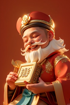  {{best quality}}, {{masterpiece}}, {{ultra-detailed}}, {illustration}, {detailed light}, {an extremely delicate and beautiful},(\cai qi chong tian\),1boy, male focus, solo, facial hair, red background, closed eyes, white hair, open mouth, beard, holding, mustache, smile, hat, book, long sleeves, wide sleeves, simple background
