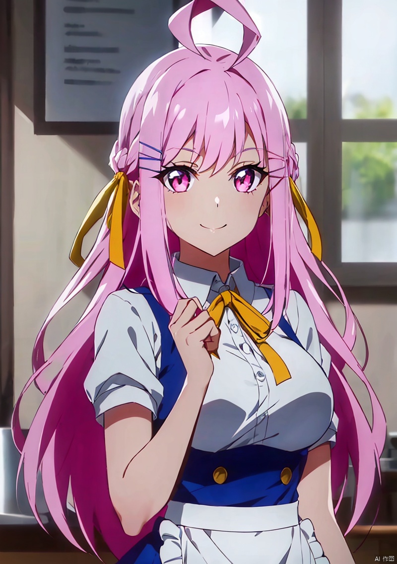 1girl, solo, long hair, looking at viewer, smile, skirt, shirt, ribbon, very long hair, closed mouth, standing, hair ribbon, white shirt, upper body, pink hair, ahoge, short sleeves, shiny, collared shirt, pink eyes, apron, shiny hair, dress shirt, neck ribbon, waist apron, white apron, yellow ribbon