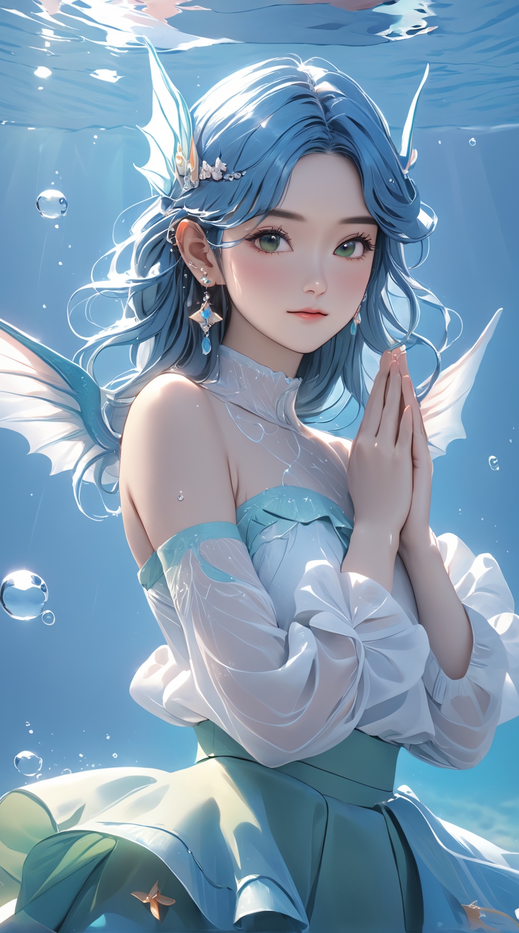 (1girl),smooth chin,masterpiece,detailed face,((hair ornament)),top quality,4k,make up,best quality,alone,single,solo,only one,one character,blush,(body blush),(detached sleeves),earrings,(blue hair),under water,(head fins),long hair,(from below),ocean,(puffy hair:1.13),head wings,frilled skirt,frilled clothes,model,looking at viewer,Cute Women,frilled shirt,bubble skirt,green skirt,full body,(detached shirt),bandeau,blue skirt,(Prayer with both hands),Masterpiece, the best quality,(The best hand)