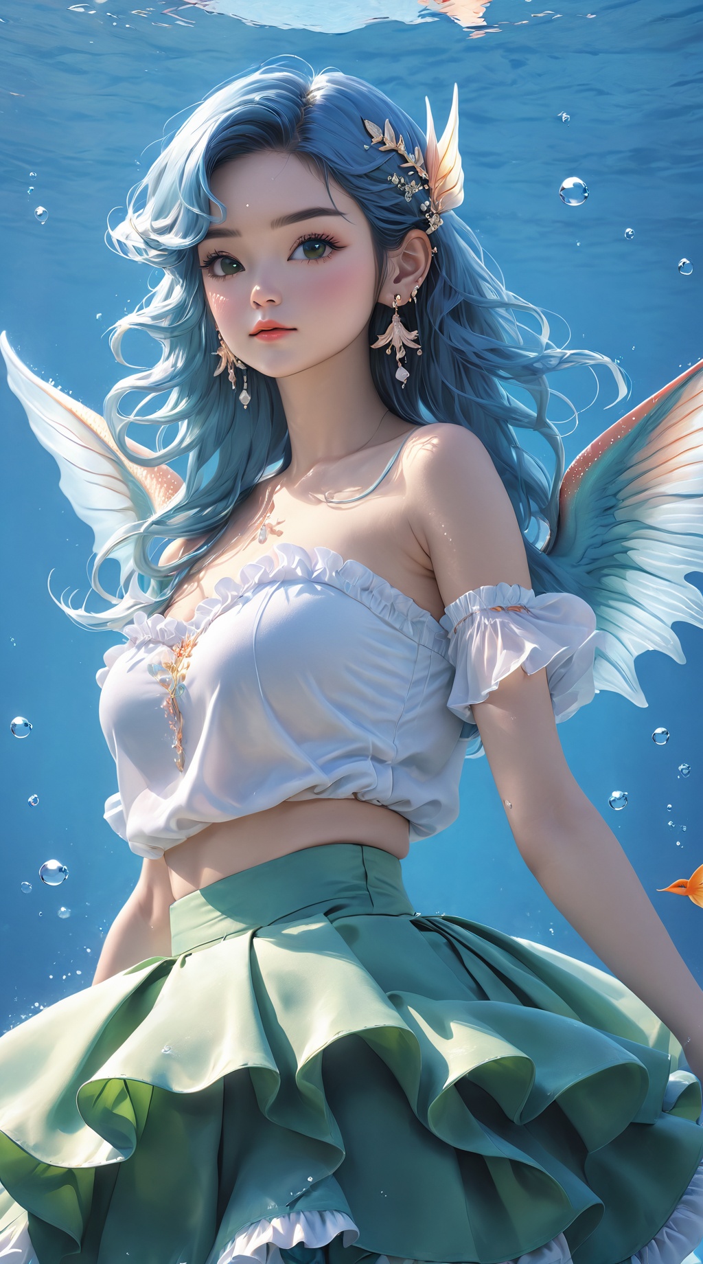 (1girl),smooth chin,masterpiece,detailed face,((hair ornament)),top quality,4k,make up,best quality,alone,single,solo,only one,one character,blush,(body blush),(detached sleeves),earrings,(blue hair),under water,(head fins),long hair,(from below),ocean,(puffy hair:1.13),head wings,frilled skirt,frilled clothes,model,looking at viewer,Cute Women,frilled shirt,bubble skirt,green skirt,full body,(detached shirt),bandeau,blue skirt,Masterpiece, the best quality,(The best hand)