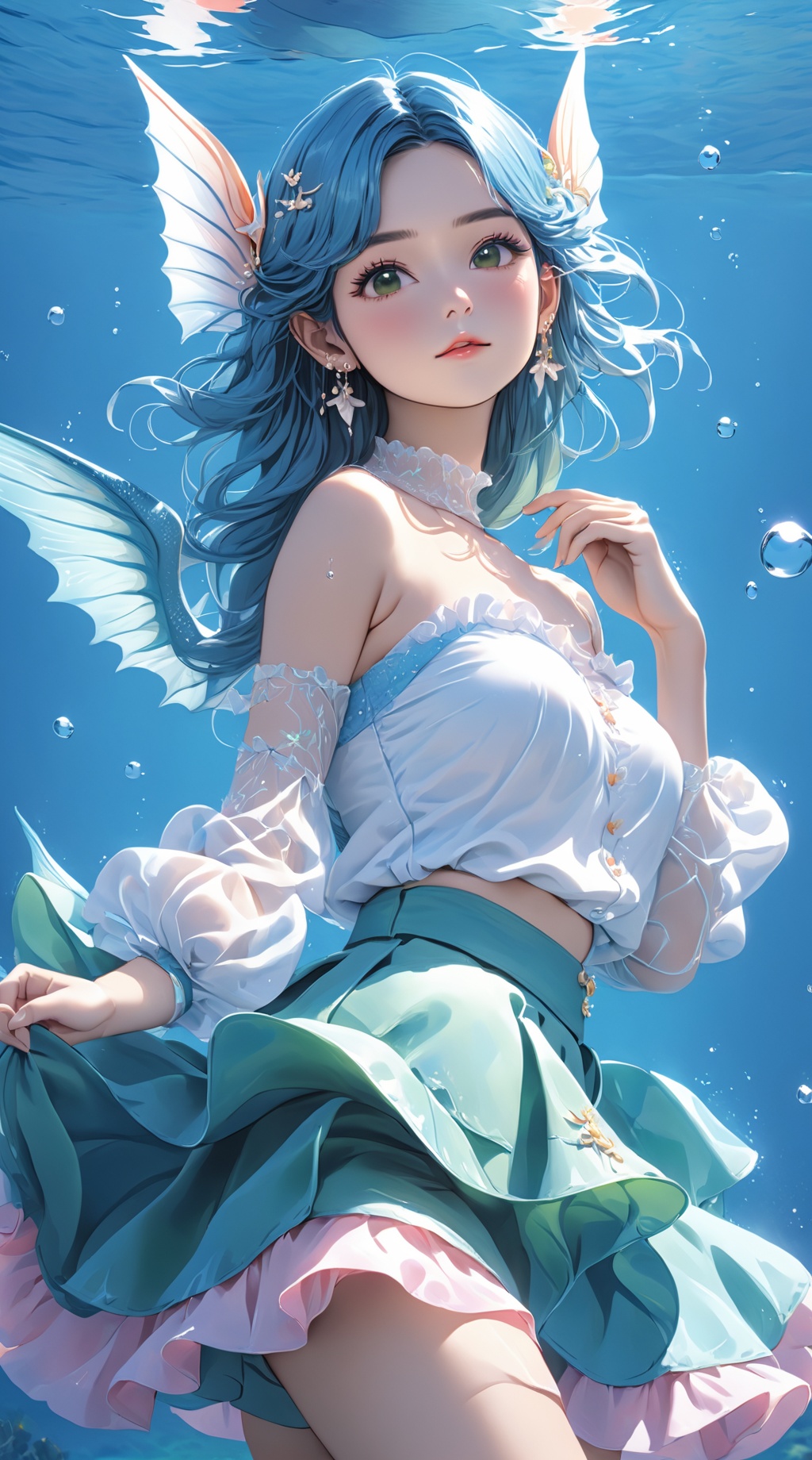 (1girl),smooth chin,masterpiece,detailed face,((hair ornament)),top quality,4k,make up,best quality,alone,single,solo,only one,one character,blush,(body blush),(detached sleeves),earrings,(blue hair),under water,(head fins),long hair,(from below),ocean,(puffy hair:1.13),head wings,frilled skirt,frilled clothes,model,looking at viewer,Cute Women,frilled shirt,bubble skirt,green skirt,full body,(detached shirt),bandeau,blue skirt,Masterpiece, the best quality,(The best hand)