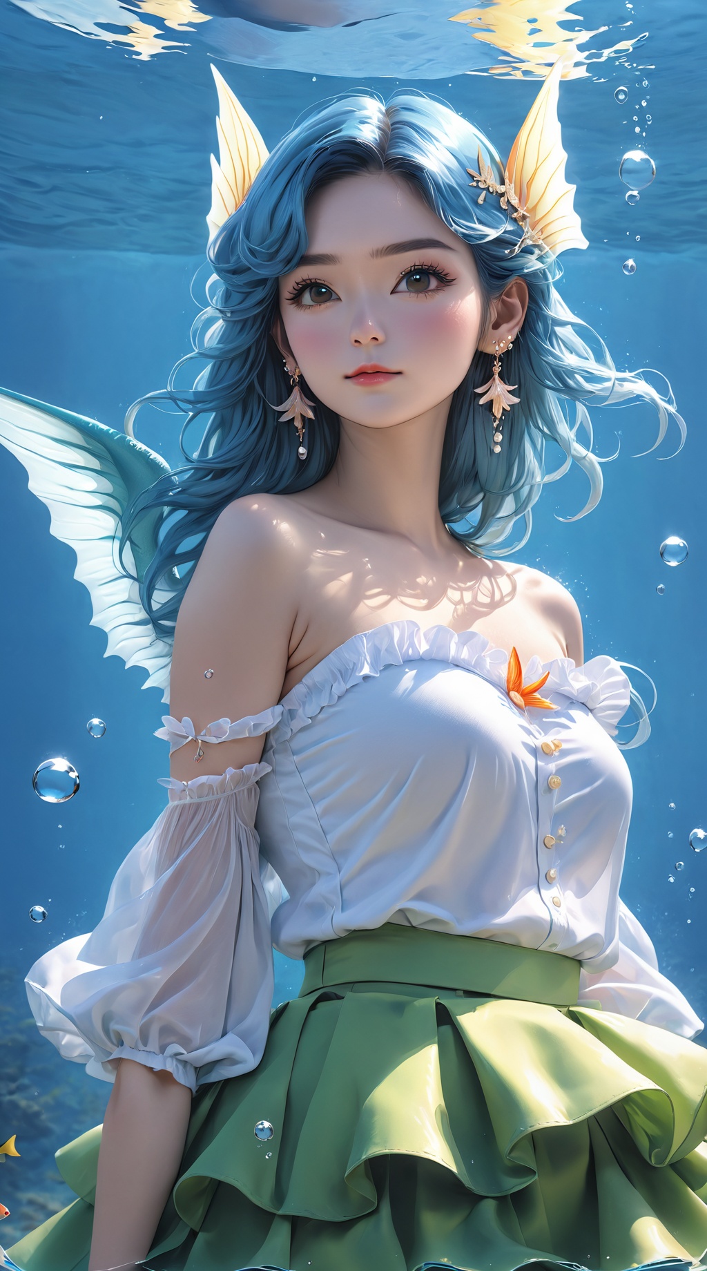 (1girl),smooth chin,masterpiece,detailed face,((hair ornament)),top quality,4k,make up,best quality,alone,single,solo,only one,one character,blush,(body blush),(detached sleeves),earrings,(blue hair),under water,(head fins),long hair,(from below),ocean,(puffy hair:1.13),head wings,frilled skirt,frilled clothes,model,looking at viewer,Cute Women,frilled shirt,bubble skirt,green skirt,full body,(detached shirt),bandeau,blue skirt,Masterpiece, the best quality,(The best hand)