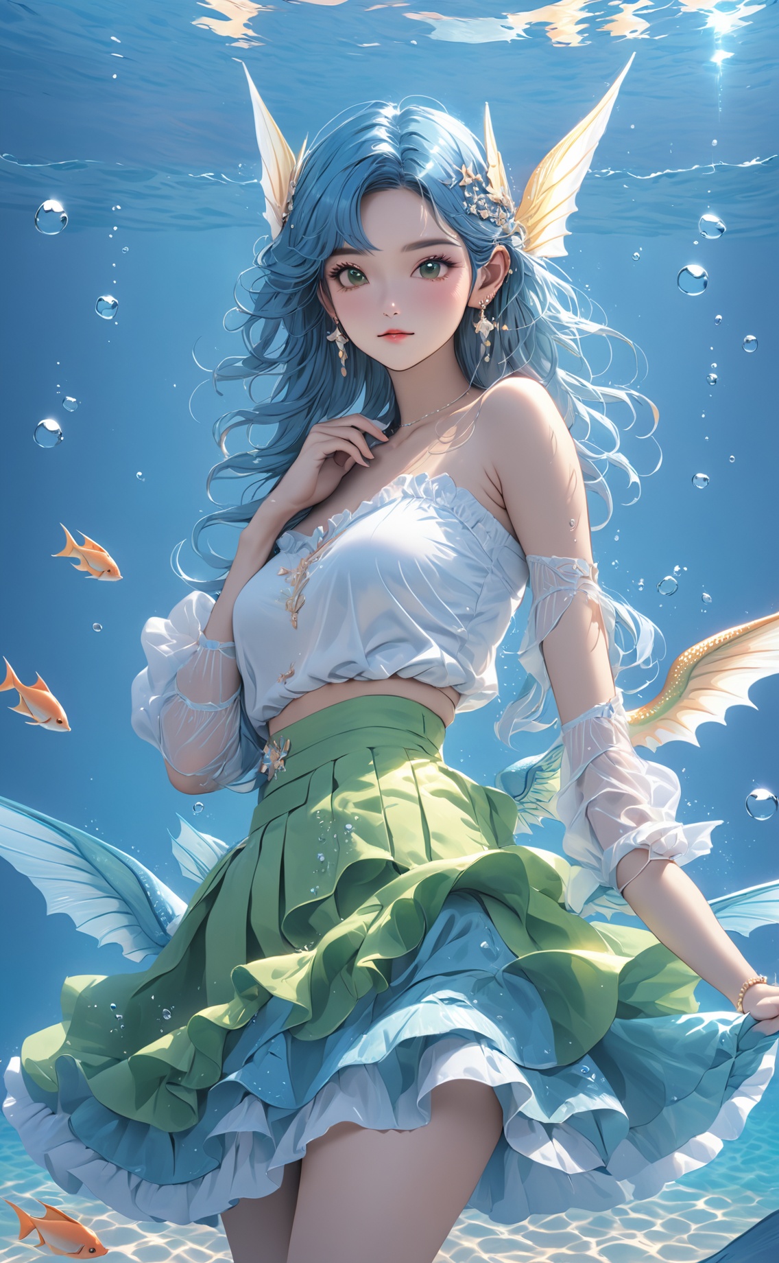 (1girl),smooth chin,masterpiece,detailed face,((hair ornament)),top quality,4k,make up,best quality,alone,single,solo,only one,one character,blush,(body blush),(detached sleeves),earrings,(blue hair),under water,(head fins),long hair,(from below),ocean,(puffy hair:1.13),head wings,frilled skirt,frilled clothes,model,looking at viewer,Cute Women,frilled shirt,bubble skirt,green skirt,full body,(detached shirt),bandeau,blue skirt,Masterpiece, the best quality,(The best hand)