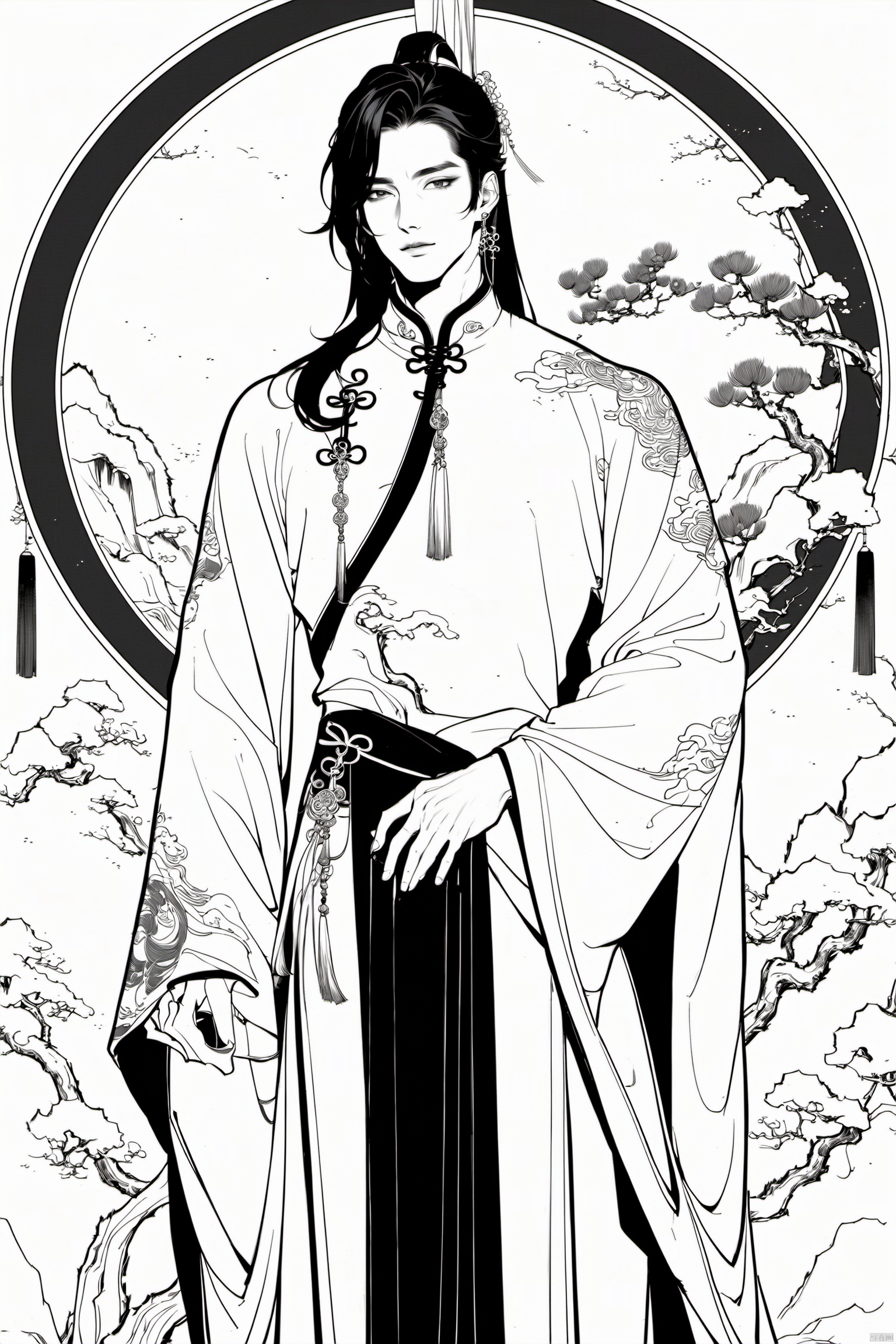 xingxiu,line style,line art,1boy,male fouce,long hair,chinese clothes, cowboy shot,(((masterpiece,best quality))),((good structure)),((Good composition)), ((clear, original,beautiful))