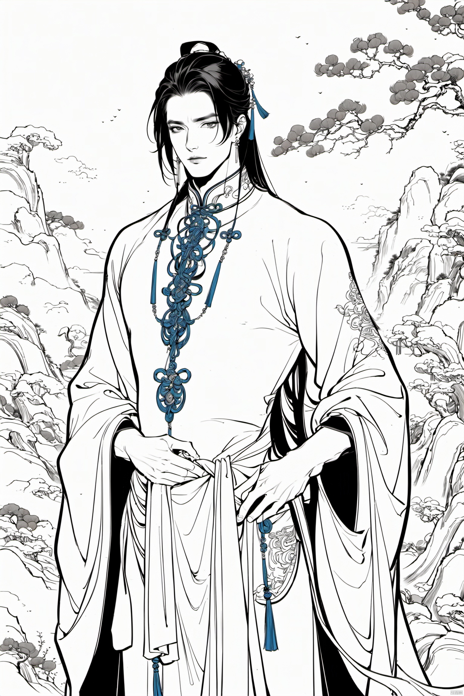 xingxiu,line style,line art,1boy,male fouce,long hair,chinese clothes, cowboy shot,(((masterpiece,best quality))),((good structure)),((Good composition)), ((clear, original,beautiful))