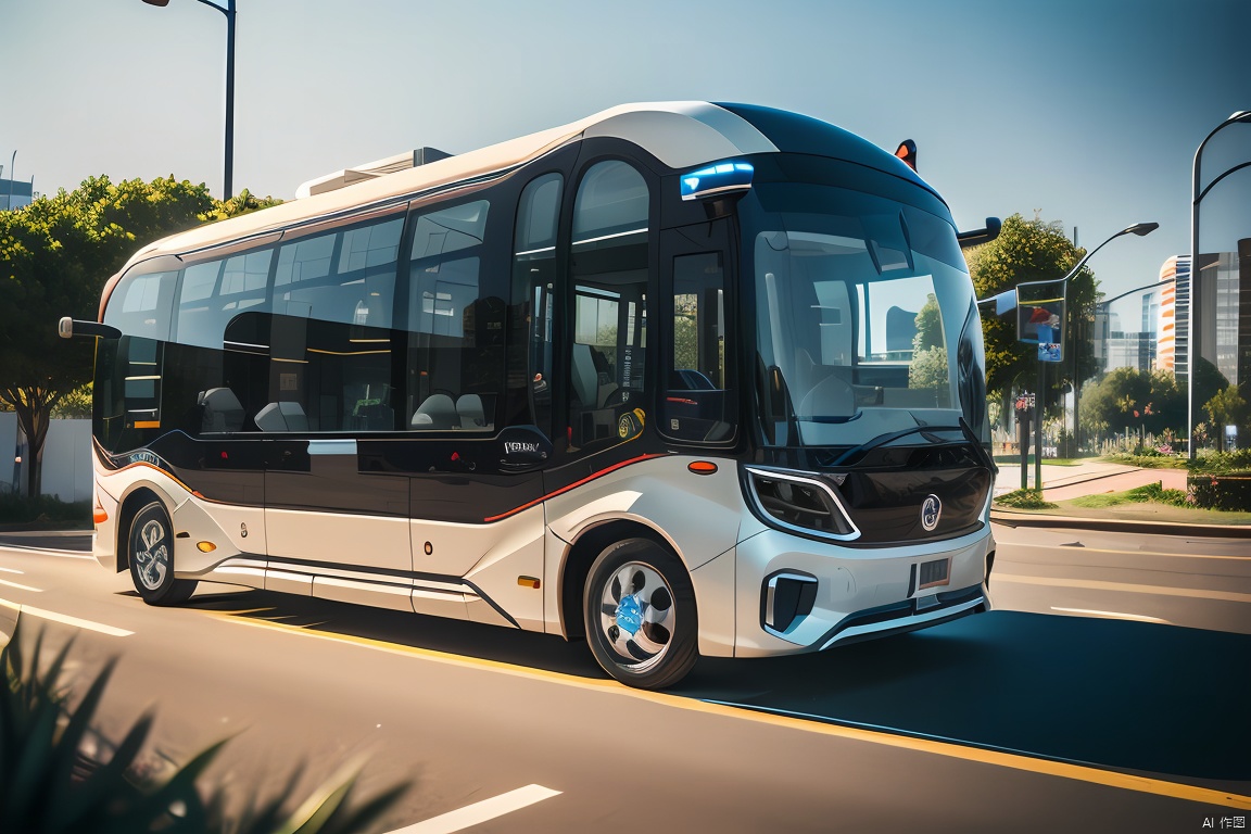 3D product rendering of a futuristic vehicle showcases intricate details and a minimalist design. Created using UE 5 and Octane Render, this computer-generated image features a 6-meter bus that exudes a sense of advanced technology and sleek design. The headlights and front windows are depicted with wipers in a highly realistic style, boasting sharp focus and lifelike lighting. The vehicle is presented against a wide road backdrop, set against an open white background,large area of glass, bus, product design