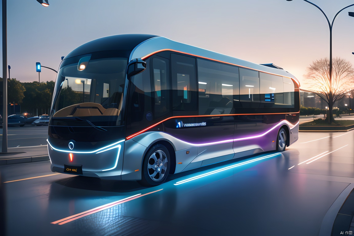 3D product rendering of a futuristic vehicle showcases intricate details and a minimalist design. Created using UE 5 and Octane Render, this computer-generated image features a 6-meter bus that exudes a sense of advanced technology and sleek design. The headlights and front windows are depicted with wipers in a highly realistic style, boasting sharp focus and lifelike lighting. The vehicle is presented against a wide road backdrop, set against an open white background,large area of glass, bus, product design