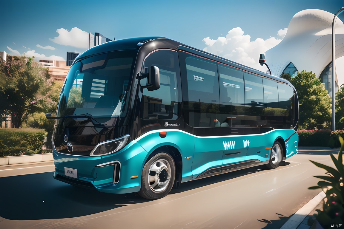 3D product rendering of a futuristic vehicle showcases intricate details and a minimalist design. Created using UE 5 and Octane Render, this computer-generated image features a 6-meter bus that exudes a sense of advanced technology and sleek design. The headlights and front windows are depicted with wipers in a highly realistic style, boasting sharp focus and lifelike lighting. The vehicle is presented against a wide road backdrop, set against an open white background,large area of glass, bus, product design