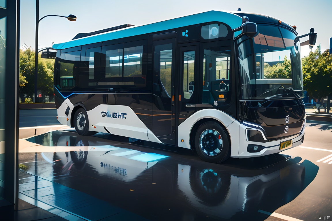 3D product rendering of a futuristic vehicle showcases intricate details and a minimalist design. Created using UE 5 and Octane Render, this computer-generated image features a 6-meter bus that exudes a sense of advanced technology and sleek design. The headlights and front windows are depicted with wipers in a highly realistic style, boasting sharp focus and lifelike lighting. The vehicle is presented against a wide road backdrop, set against an open white background,large area of glass, bus, product design