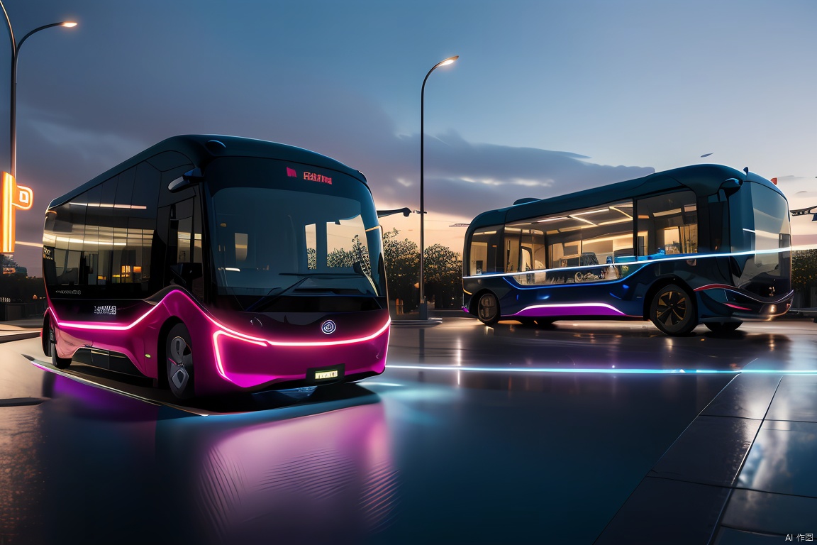 3D product rendering of a futuristic vehicle showcases intricate details and a minimalist design. Created using UE 5 and Octane Render, this computer-generated image features a 6-meter bus that exudes a sense of advanced technology and sleek design. The headlights and front windows are depicted with wipers in a highly realistic style, boasting sharp focus and lifelike lighting. The vehicle is presented against a wide road backdrop, set against an open white background,large area of glass, bus, product design