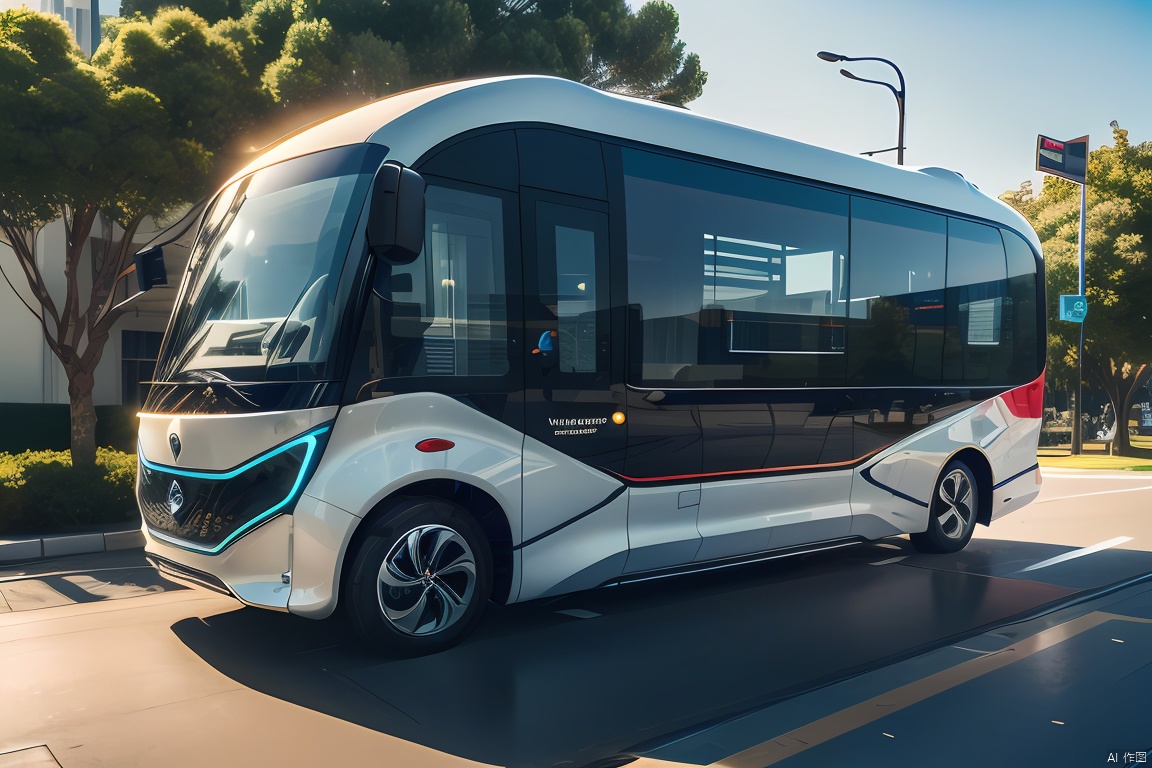 3D product rendering of a futuristic vehicle showcases intricate details and a minimalist design. Created using UE 5 and Octane Render, this computer-generated image features a 6-meter bus that exudes a sense of advanced technology and sleek design. The headlights and front windows are depicted with wipers in a highly realistic style, boasting sharp focus and lifelike lighting. The vehicle is presented against a wide road backdrop, set against an open white background,large area of glass, bus, product design