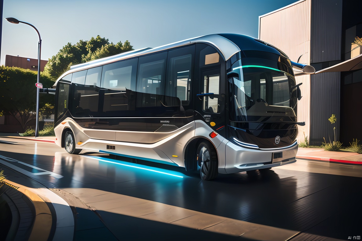 3D product rendering of a futuristic vehicle showcases intricate details and a minimalist design. Created using UE 5 and Octane Render, this computer-generated image features a 6-meter bus that exudes a sense of advanced technology and sleek design. The headlights and front windows are depicted with wipers in a highly realistic style, boasting sharp focus and lifelike lighting. The vehicle is presented against a wide road backdrop, set against an open white background,large area of glass, bus, product design