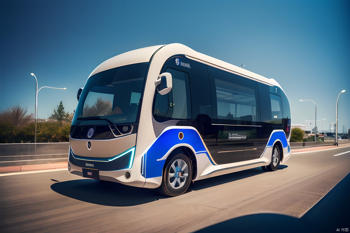 3D product rendering of a futuristic vehicle showcases intricate details and a minimalist design. Created using UE 5 and Octane Render, this computer-generated image features a 6-meter bus that exudes a sense of advanced technology and sleek design. The headlights and front windows are depicted with wipers in a highly realistic style, boasting sharp focus and lifelike lighting. The vehicle is presented against a wide road backdrop, set against an open white background,large area of glass, bus, product design