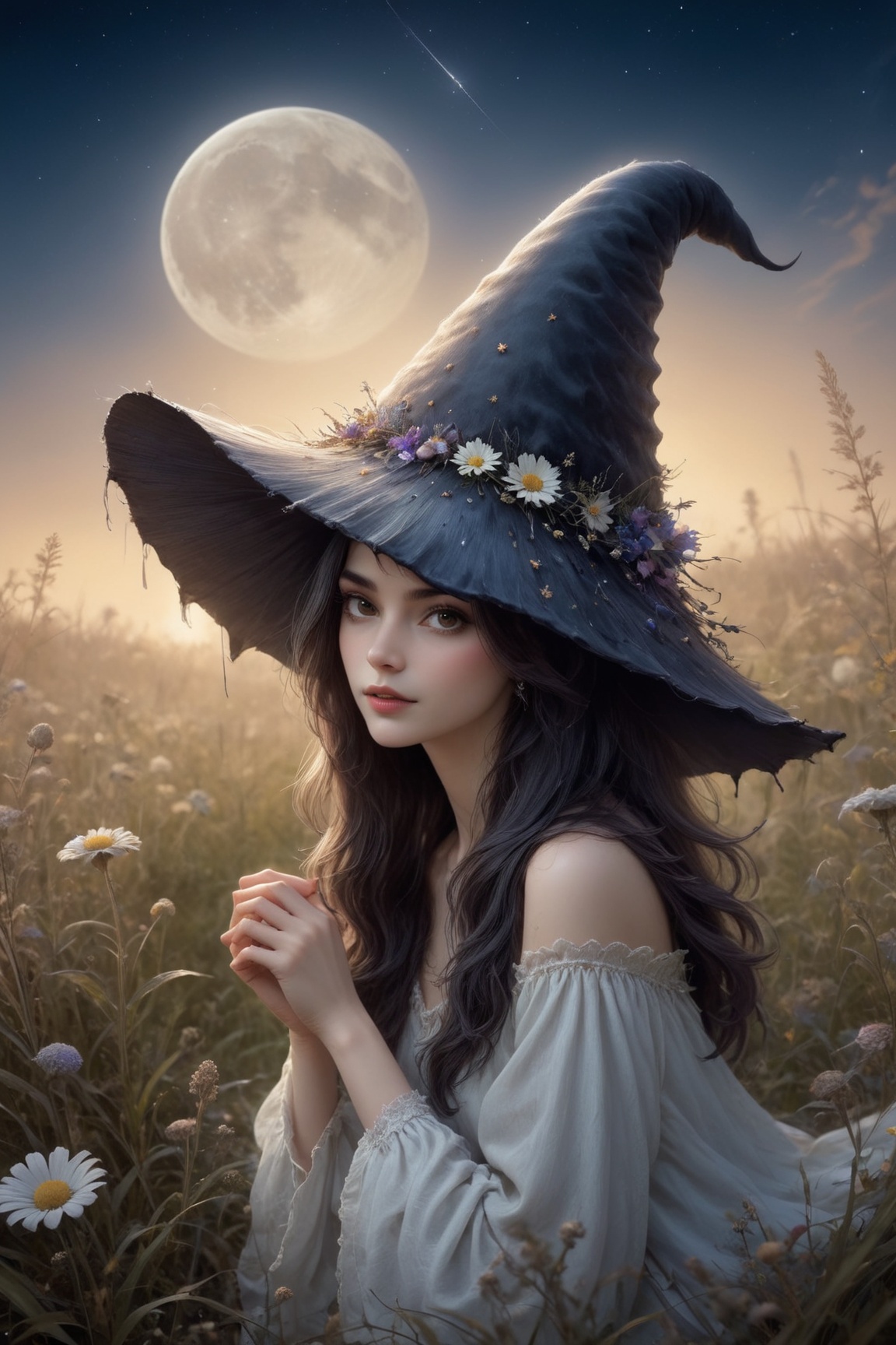 a witch sitting in the grass,  stargazing,  on a grassy hill of nightblooming wildflowers on Tensor.Art