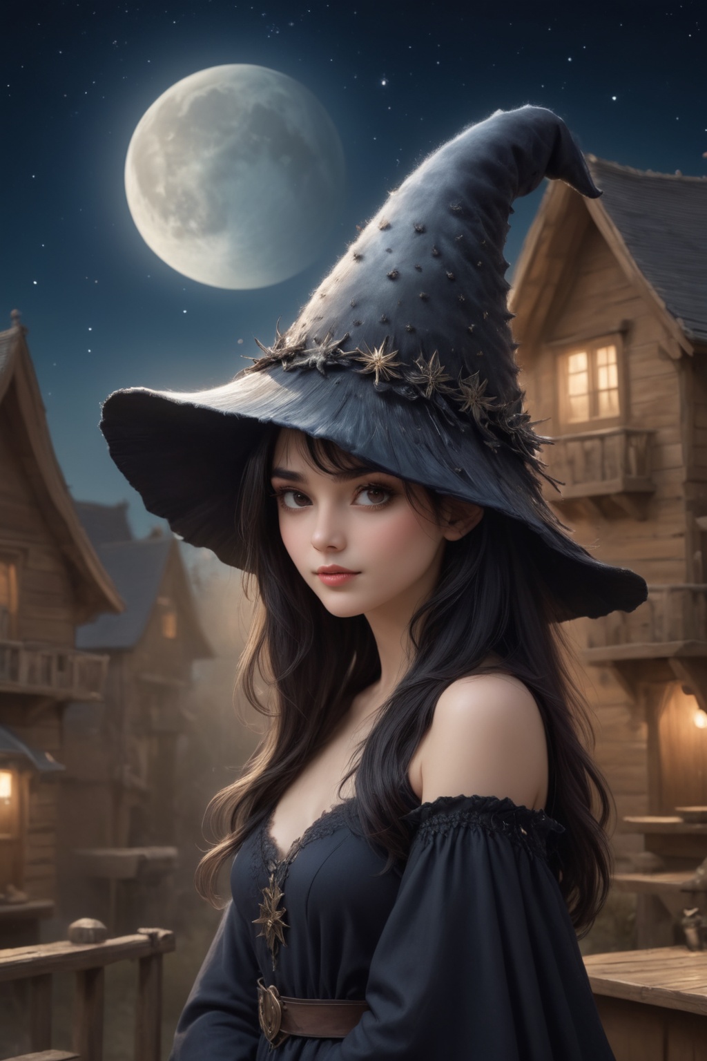 a witch stargazing on a hill,  a1sw-InkyCapWitch wearing **1cdrip-witchhat,  dreamy night scene on Tensor.Art