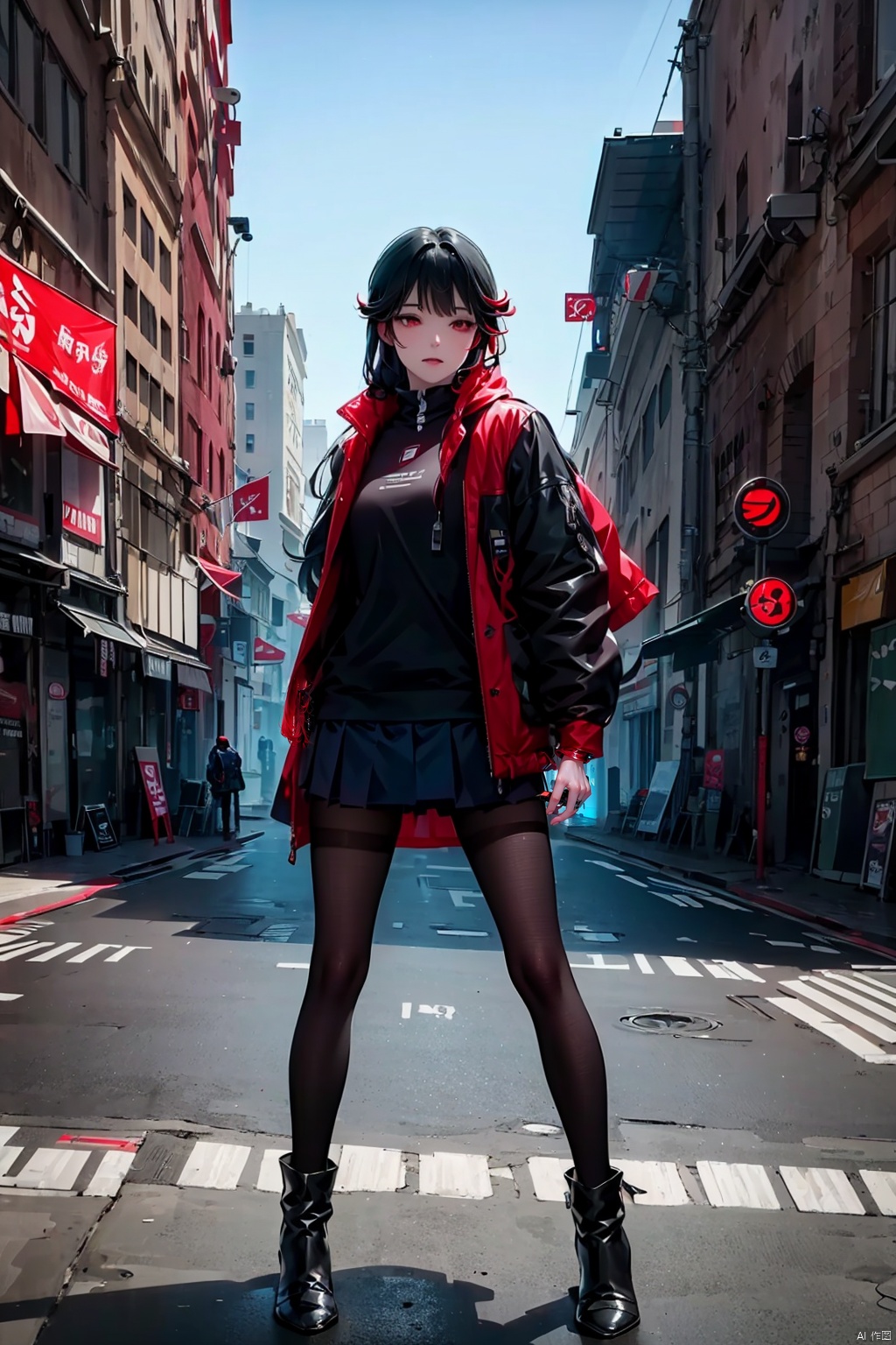 Girl, solo, Long hair, looking at the audience, skirt, Black hair, red eyes, braid, Standing, full body, Pantyhose, Red hair, Jacket, Colored hair, Black Jacket, Cyberstreetscape, Science fiction, Robot Arm, luxiya
