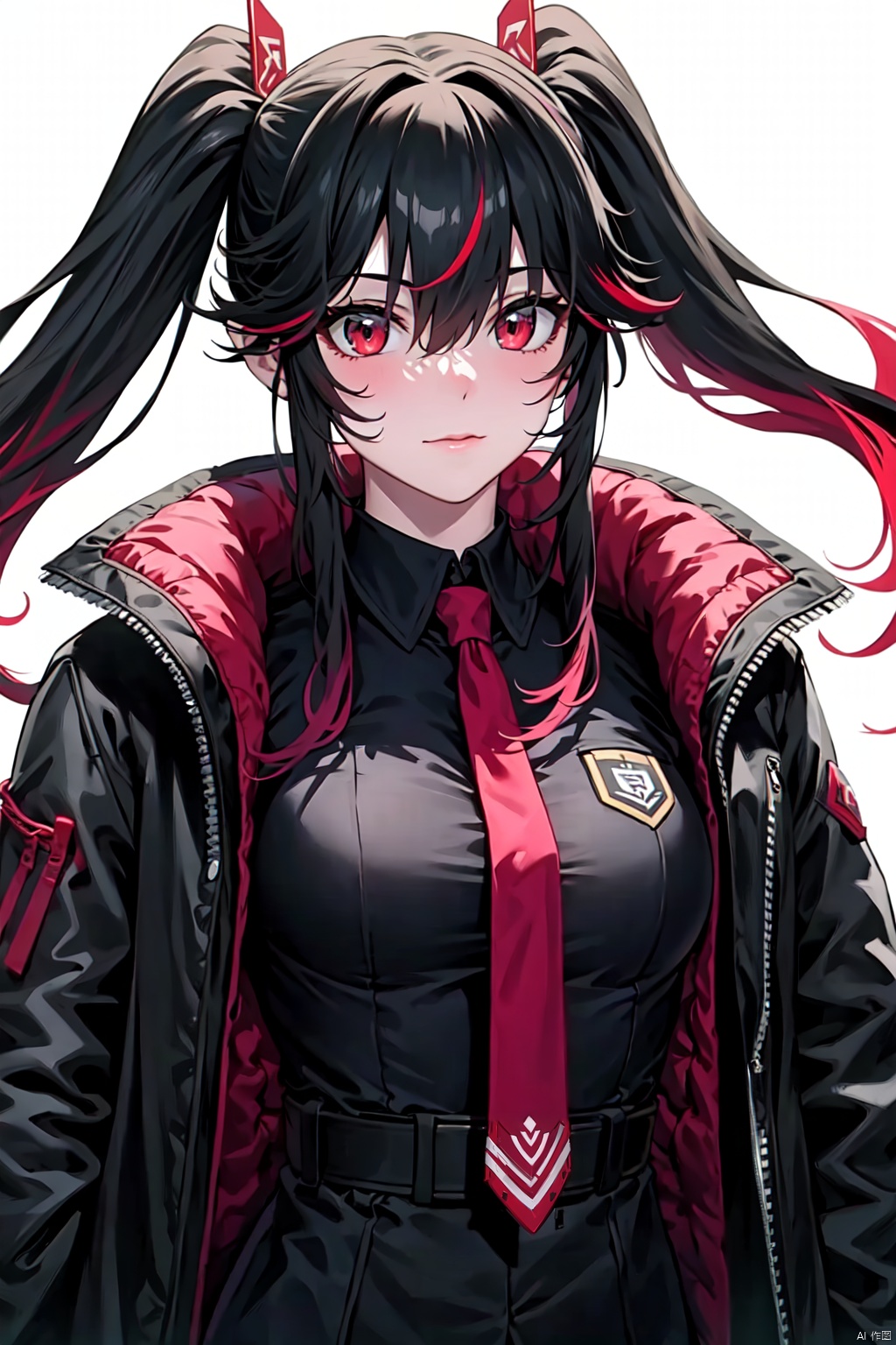 1girl,solo,long hair,looking at viewer,bangs,black hair,red eyes,long sleeves,white background,hair between eyes,twintails,closed mouth,jacket,red hair,multicolored hair,open clothes,necktie,open jacket,streaked hair,black jacket,headgear,luxiya, full_body,