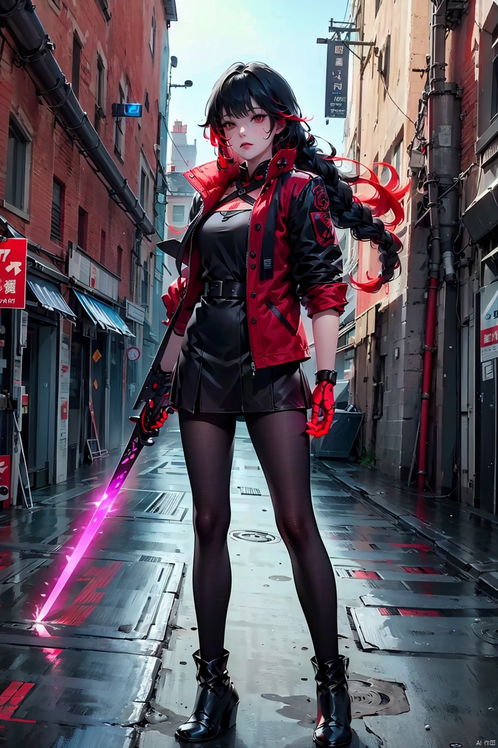  Girl, solo, long hair, looking at the audience, skirt, black hair, red eyes, braid, Standing, full body, pantyhose, red hair, Jacket, Colored hair, Black jacket, sword, Handheld weapon, Handheld, CyberStreet View, Handheld Sword, science fiction, robotic arm,uxiya, houtufeng,