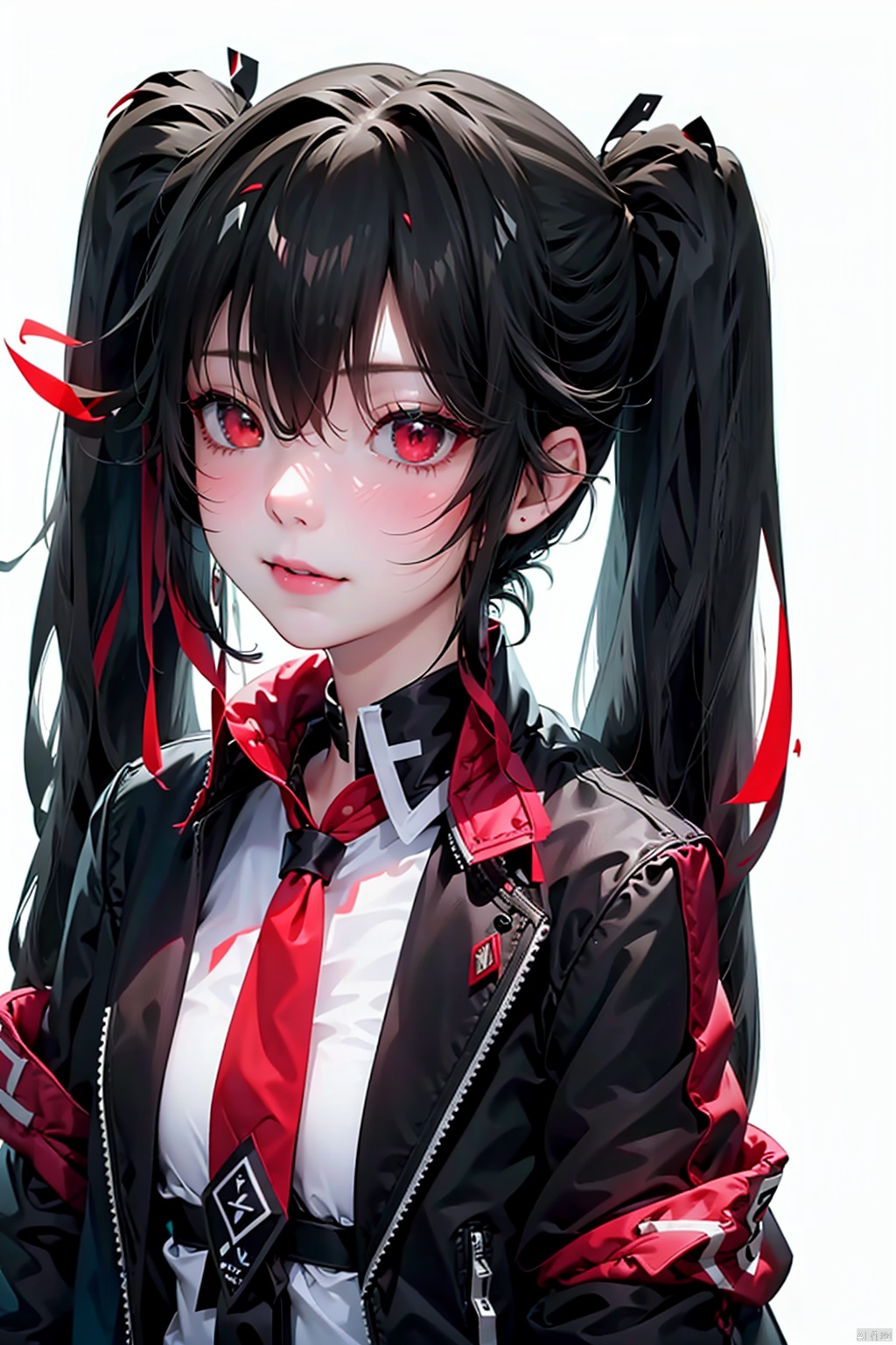  1girl,solo,long hair,looking at viewer,bangs,black hair,red eyes,long sleeves,white background,hair between eyes,twintails,closed mouth,jacket,red hair,multicolored hair,open clothes,necktie,open jacket,streaked hair,black jacket,headgear,luxiya, full_body,